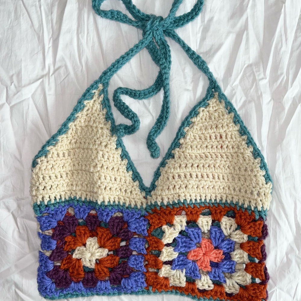 Handmade Custom Crochet Halter Top Size Small. Cream with orange teal & purple